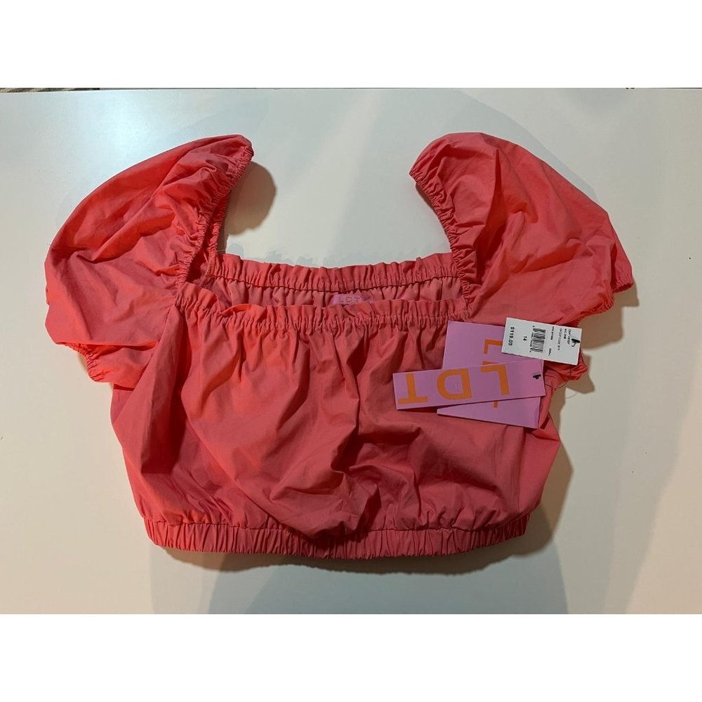 New LDT Chloe Square Neck Short Puff Sleeve Smocked Crop Top Size 14